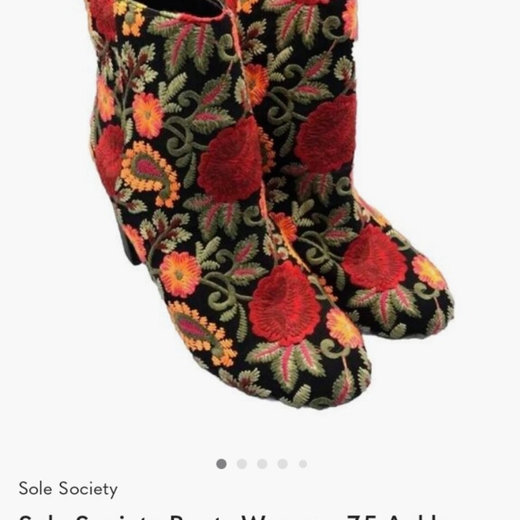 Sole Society Boots Womens 7.5 Ankle Black Floral Embroidered Block Heel Zip - Picture 2 of 5